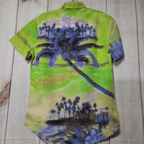 Carbon Men's Multicolor‎ Small Size Beach Print Slim Fit Button Down Shirt - Picture 2 of 7